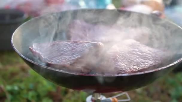 油炸多汁肉。 很多烟。 慢动作 烤肉的性质。 烤肉在燃烧器上的配制. — 图库视频影像