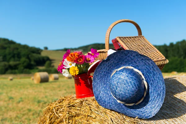 Picnic basket and summer hat in agriculture landscape — Stock Photo, Image