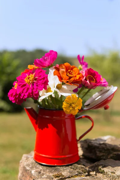 Röd vas trädgård blommor — Stockfoto