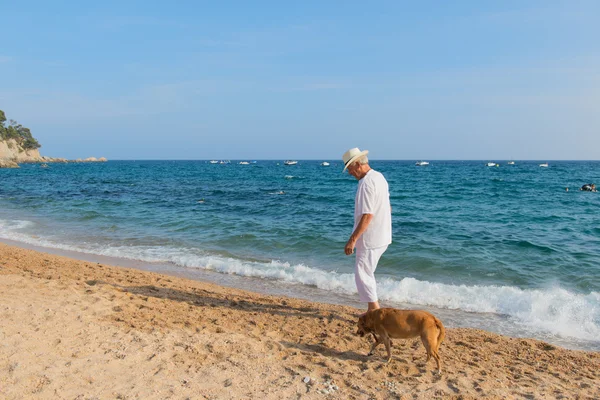 Senior man with dog at the beach — Stock Photo, Image