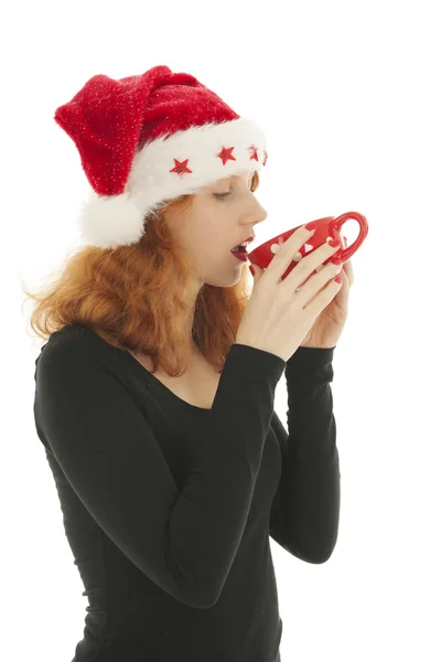 Mujer de Navidad bebiendo chocolate —  Fotos de Stock