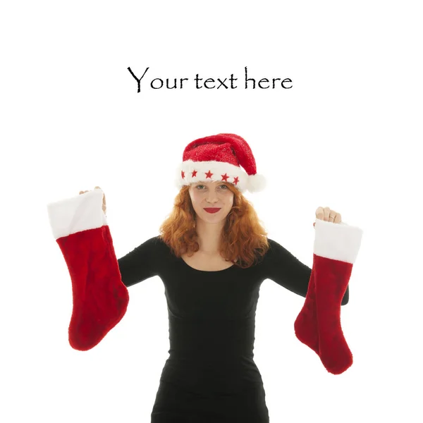 Christmas woman with stocking — Stock Photo, Image