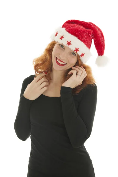 Weihnachtsfrau mit Weihnachtsmann-Hut — Stockfoto