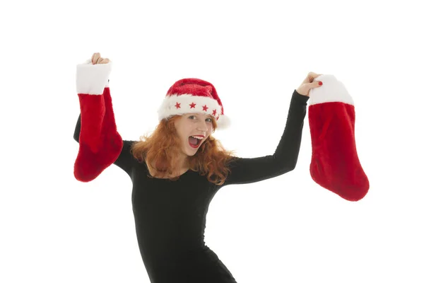 Christmas woman with stocking — Stock Photo, Image