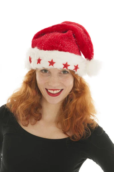 Femme de Noël avec chapeau du Père Noël — Photo