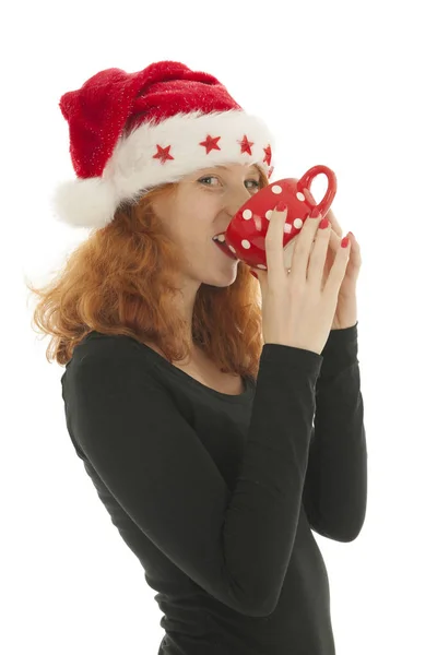 Weihnachtsfrau trinkt Schokolade — Stockfoto