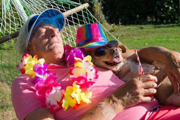 ハンモックで犬と一緒に男 — ストック写真