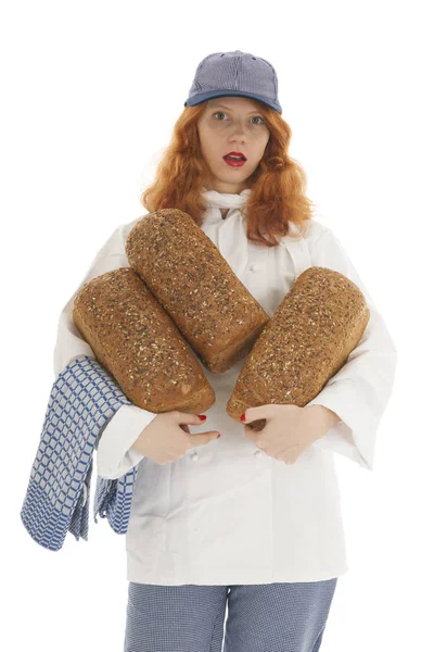 Female baker chef with bread — Stock Photo, Image