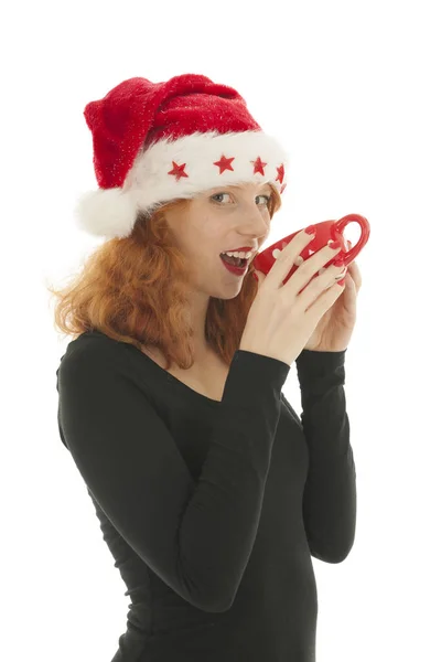 Mujer de Navidad bebiendo chocolate — Foto de Stock