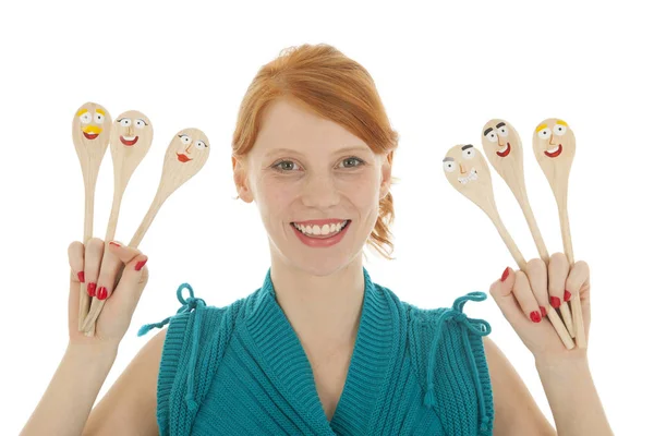 Funny woman with spoons — Stock Photo, Image