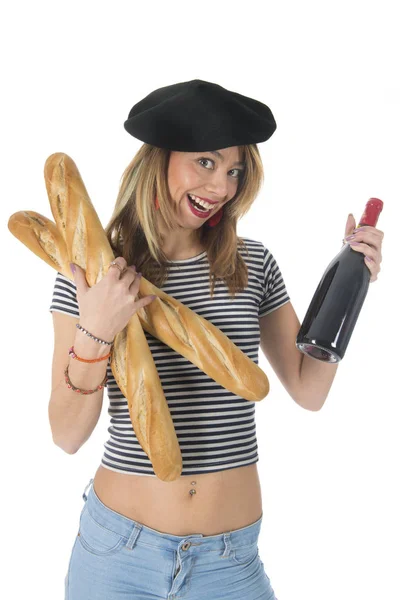 French young girl with bread and wine — Stock Photo, Image