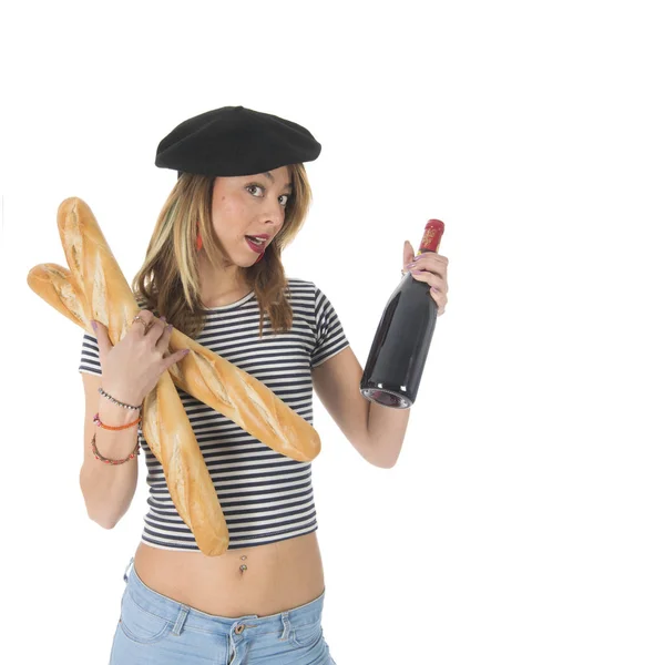 French young girl with bread and wine — Stock Photo, Image