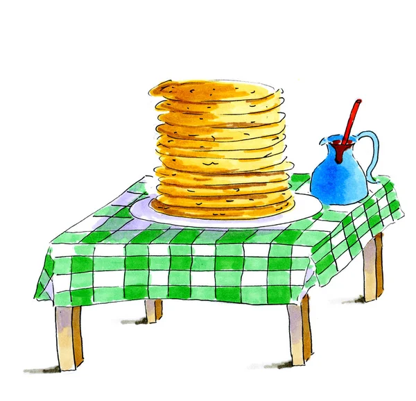 Table with baked pancakes — Stock Photo, Image
