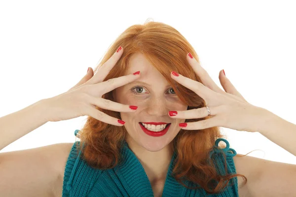 Portrait girl with red hair hiding — Stock Photo, Image