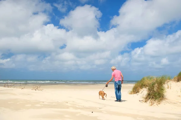 Man met de hond op het strand — Stockfoto