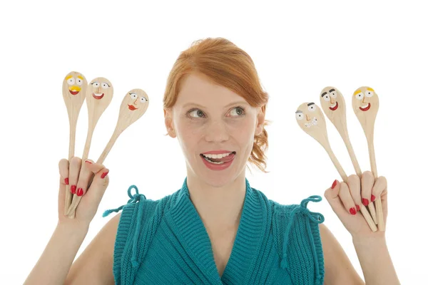 Funny woman with spoons — Stock Photo, Image