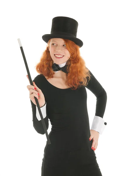 Vrouw met zwarte hoed voor een partij — Stockfoto