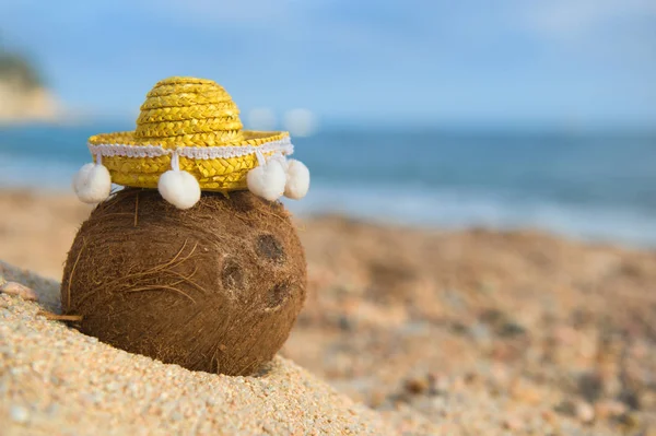 Coco con sombrero en la playa — Foto de Stock