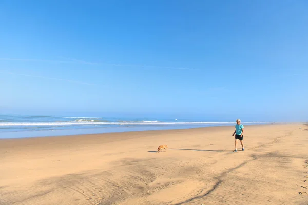 Homem e cão na praia — Fotografia de Stock