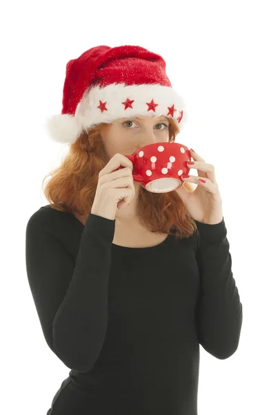 Donna di Natale che beve cioccolato — Foto Stock