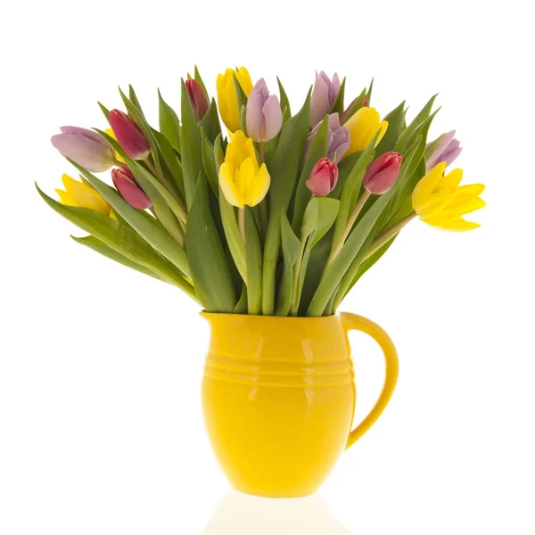 Mixed bouquet tulips in vase — Stock Photo, Image