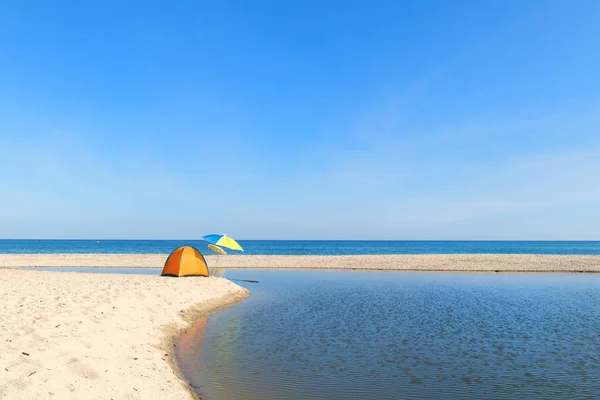 Corsica beach landscape with tent — Stock Photo, Image