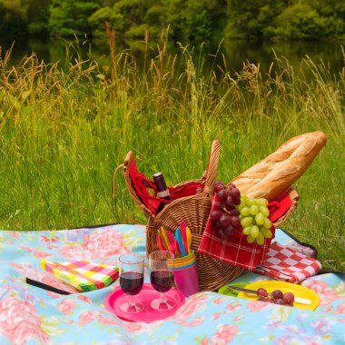 Hasır Piknik sepeti doğada ekmek üzüm ve şarap açık dolu