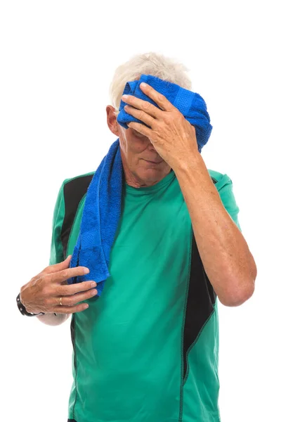 Portrait Senior Sport Man Drying Head Towel White Background — Stock Photo, Image