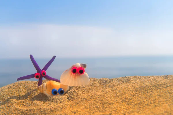 Lustige Muscheln Mit Augen Strand Mit Dem Meer Hintergrund — Stockfoto