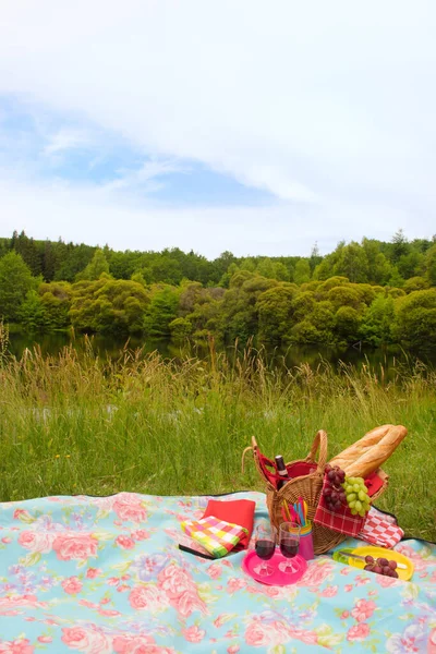 Wicker Picknickkorg Fylld Med Bröd Druvor Och Vin Utomhus Naturen — Stockfoto