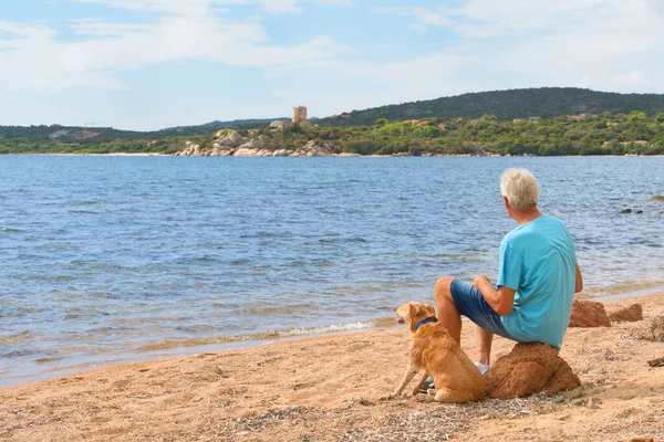 Man His Dog Resting South Corsica Bonifacio Genoese Tower Coast — Stock Photo, Image