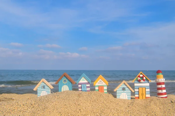 Miniature Wooden Huts Lighthouse Beach — Stock Photo, Image