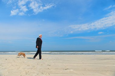 Business man in formal suit walking his dog at the beach clipart