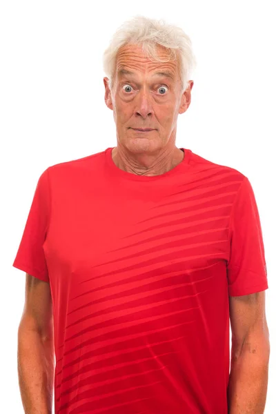 Portret Verrast Senior Sportman Tegen Witte Achtergrond — Stockfoto
