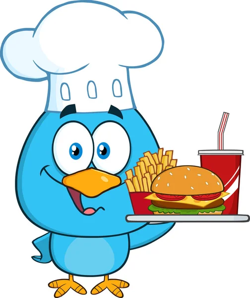 Pájaro sosteniendo un plato con hamburguesa , — Vector de stock