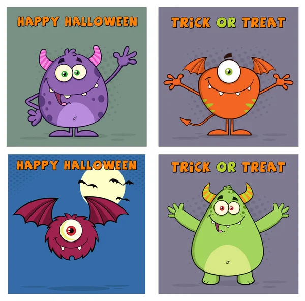 Four Cute Monster Greeting Cards. — Stock Vector