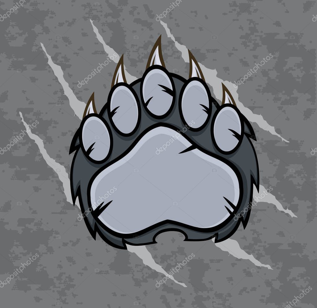 Gray Bear Paw With Claws.  Illustration With Scratches Grunge Background