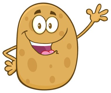 Mutlu patates karikatür karakter sallayarak. 
