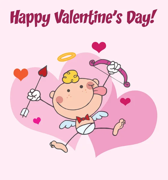 Stick Cupido en frente de corazones — Vector de stock