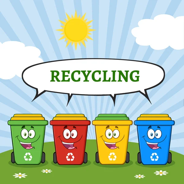 Four Color Recycle Bins Cartoon — Stock Vector