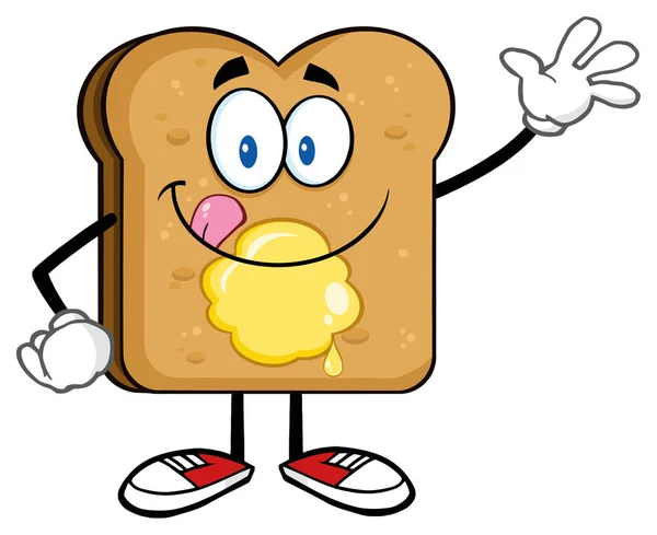 Happy Toast Bread Cartoon Character Licking His Lips With Butter Waving. 