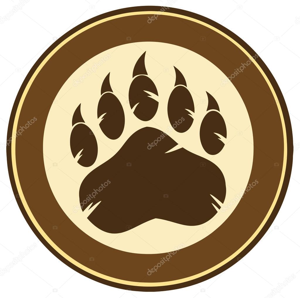 Brown Bear Paw Print Circle Label Design. Vector Illustration Isolated On White Background