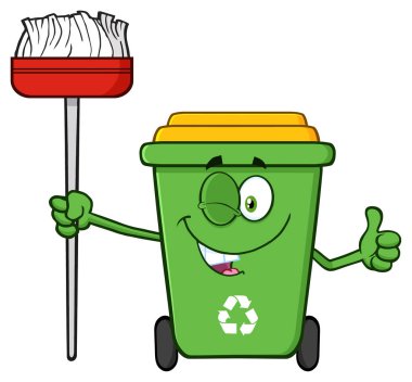 Winking Green Recycle Bin Cartoon  clipart