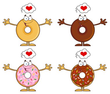 Dört tatlı çörek karakter karikatür 