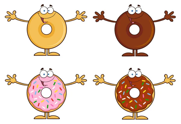 Four Cute Donuts Cartoon Character — Stock Vector