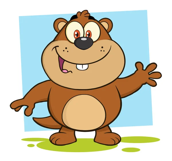 Marmotta sorridente personaggio dei cartoni animati che saluta . — Vettoriale Stock