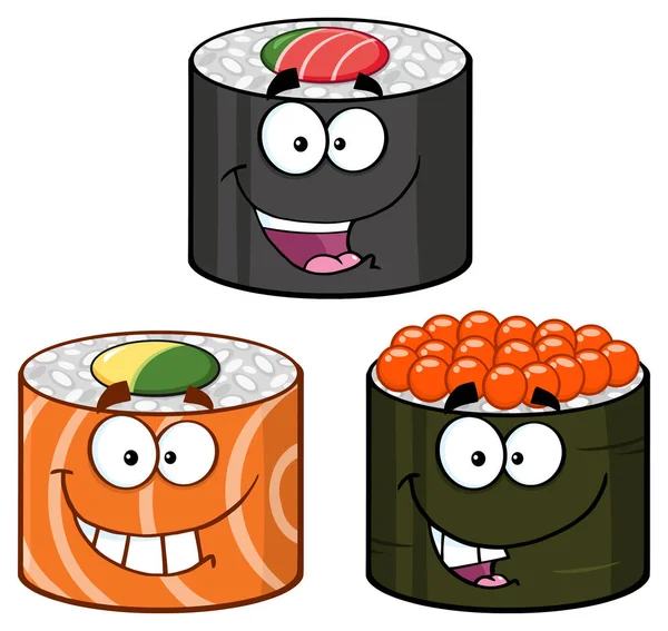 Sushi Rolls Cartoon Mascot Characters — Stock Vector