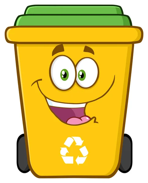 Feliz amarillo papelera de reciclaje de dibujos animados — Vector de stock