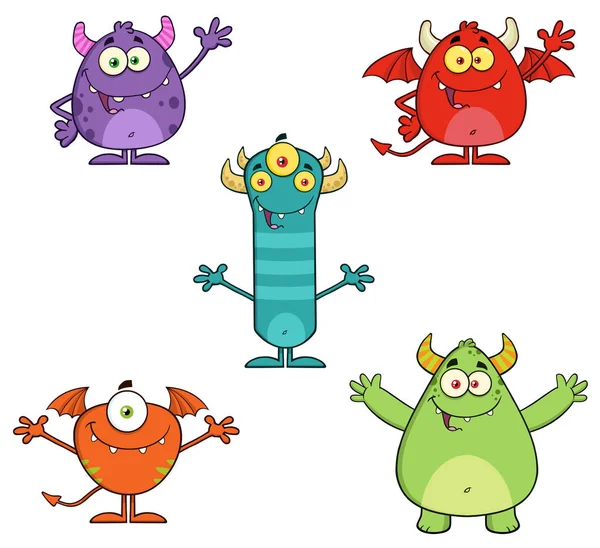 Five Monster Cartoon Characters Waving. — Stock Vector