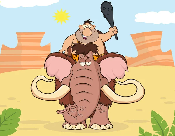 Rolig Caveman över Mammoth — Stock vektor